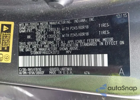 2016 Toyota Highlander Le V6 из США, поврежденный, VIN 5TDBKRFH6GS242013